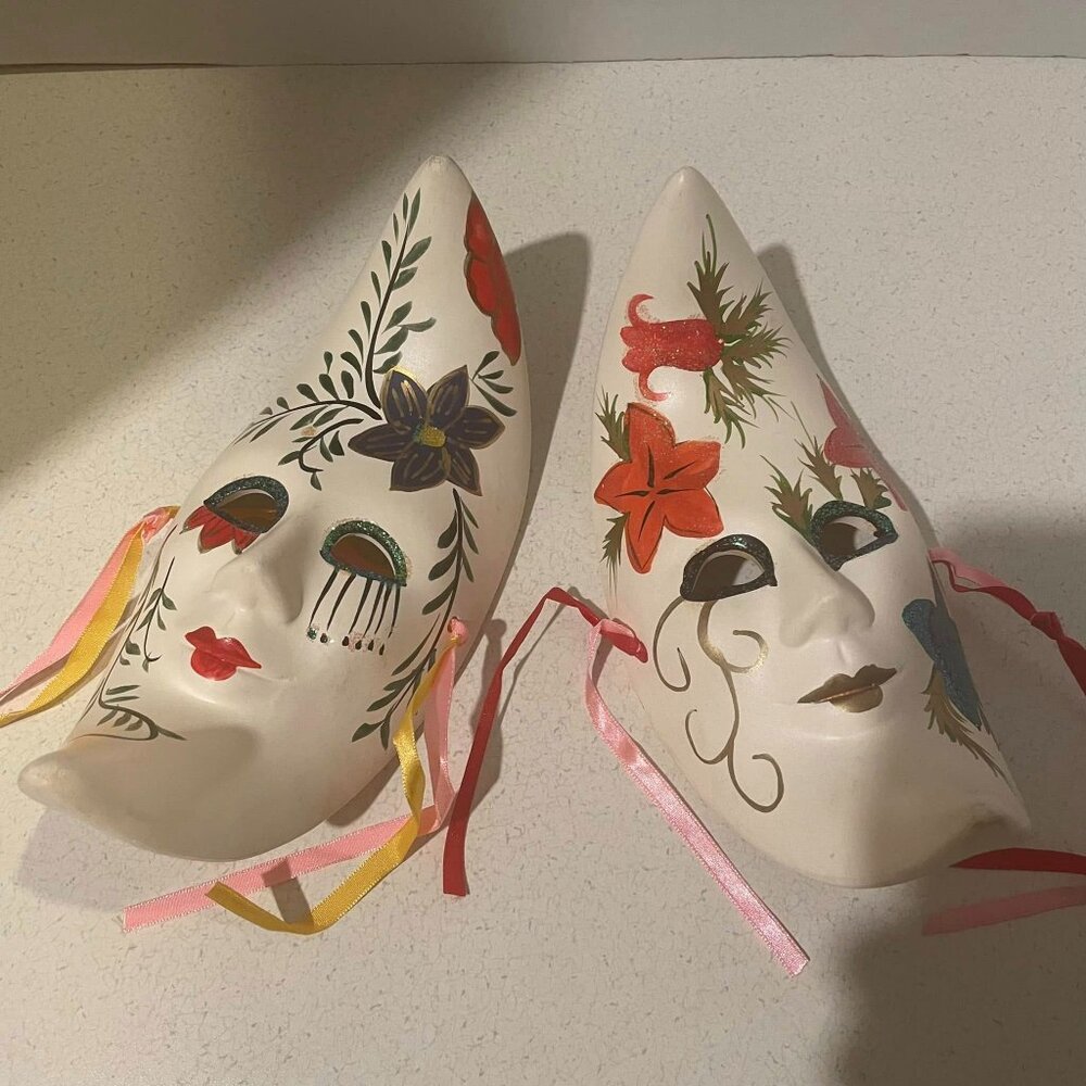 Vintage Y2K Pair of Mardi Gras Hand Decorated Ceramic Wall Decor Carnival Masks